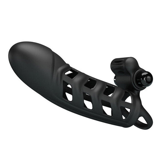Pretty Love Vibrating Penis Sleeve 2 Ribbed Silicone 6.5 Inch Penis Extender on a white background
