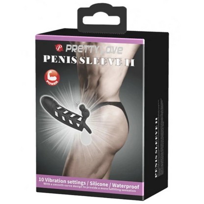 Pretty Love Vibrating Penis Sleeve 2 Ribbed Silicone 6.5 Inch Penis Extender packaging on a white background