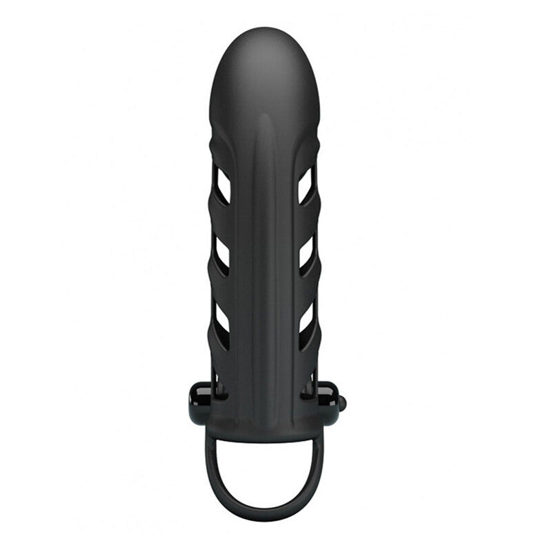 Pretty Love Vibrating Penis Sleeve 2 Ribbed Silicone 6.5 Inch Penis Extender on a white background