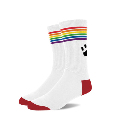White socks with rainbow stripes and a paw print on a white background