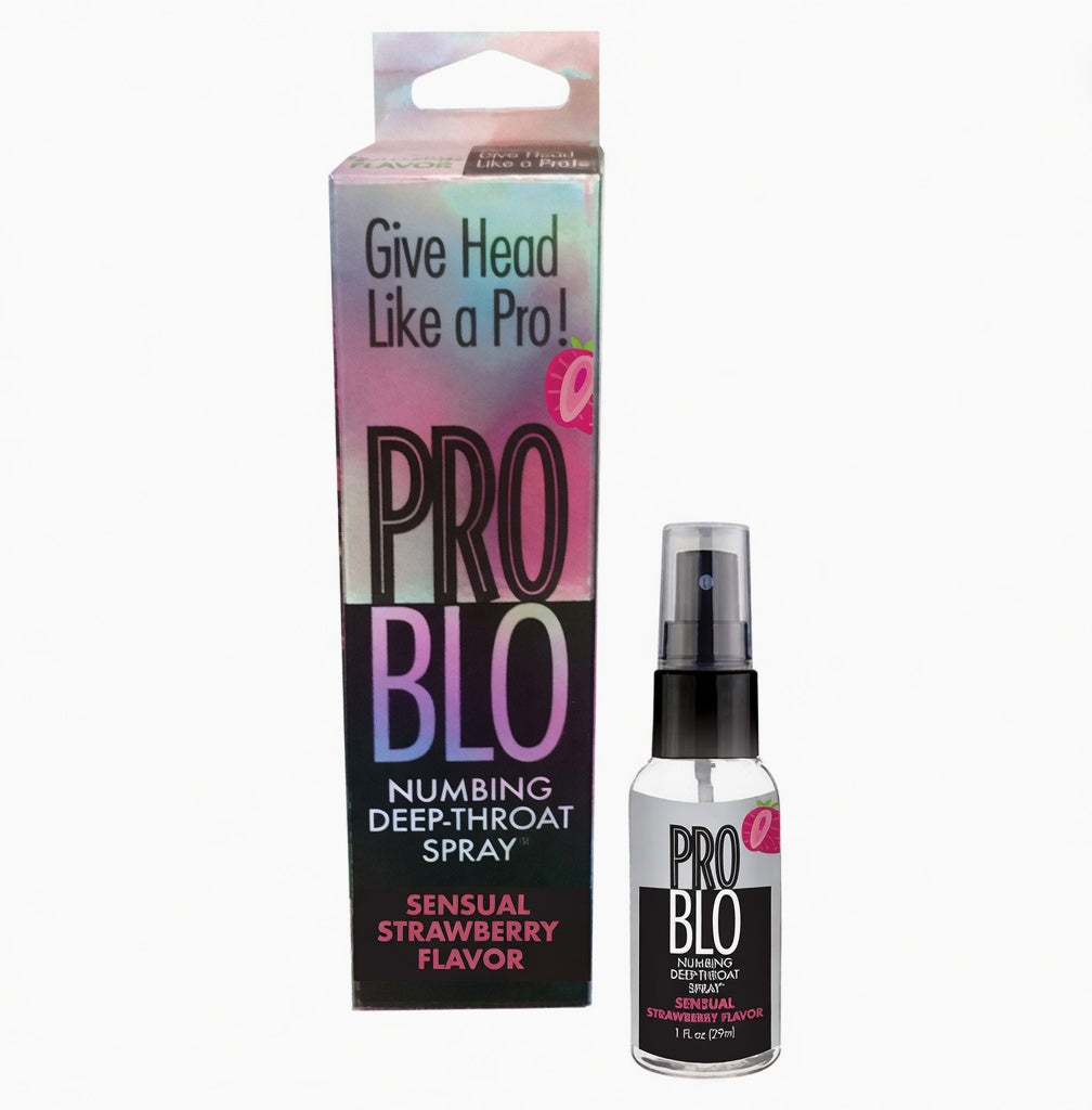 PRO BLO numbing deep-throat spray packaging with strawberry flavor on a white background