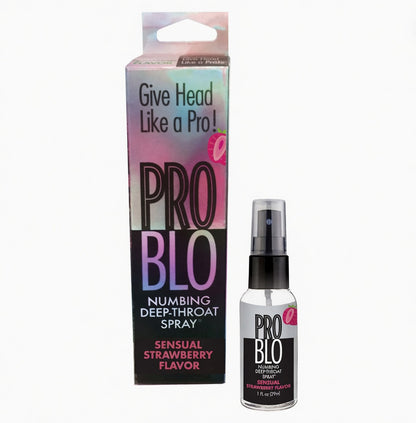PRO BLO numbing deep-throat spray packaging with strawberry flavor on a white background
