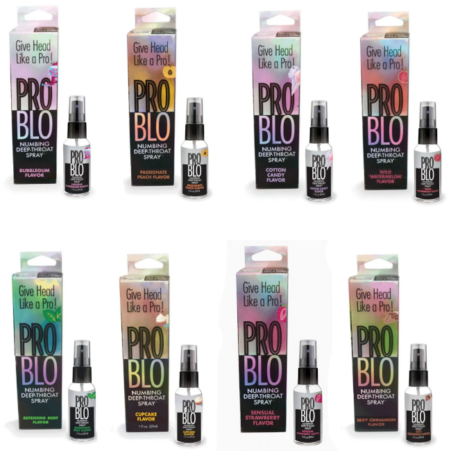 Pro Blo numbing deep throat spray with packaging on a white background