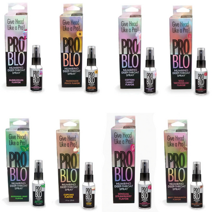 Pro Blo numbing deep throat spray with packaging on a white background