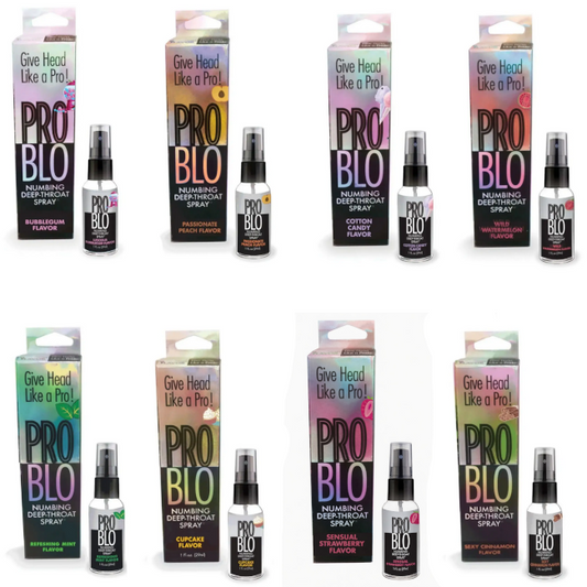 Pro Blo numbing deep throat spray with packaging on a white background