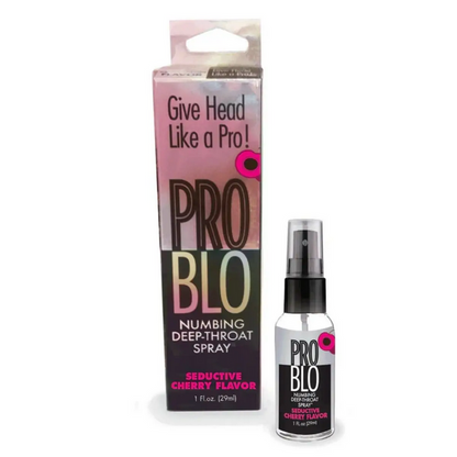 PRO BLO numbing deep-throat spray packaging with cherry flavor text on a white background