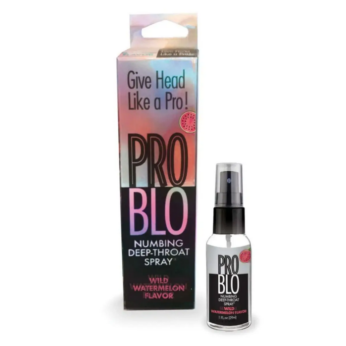 PRO BLO numbing deep-throat spray with packaging on a white background