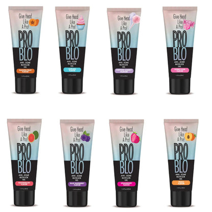 Multiple tubes of Pro Blo oral gel with different colored labels on a white background