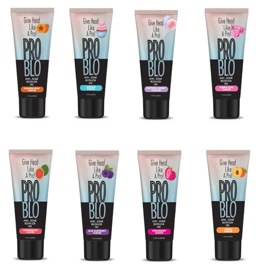 Multiple tubes of Pro Blo oral gel with different colored labels on a white background