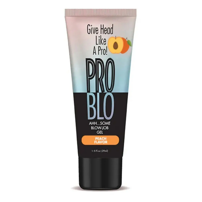 Tube of Pro Blo blowjob gel with peach flavor on a white background