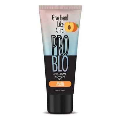 Tube of Pro Blo blowjob gel with peach flavor on a white background
