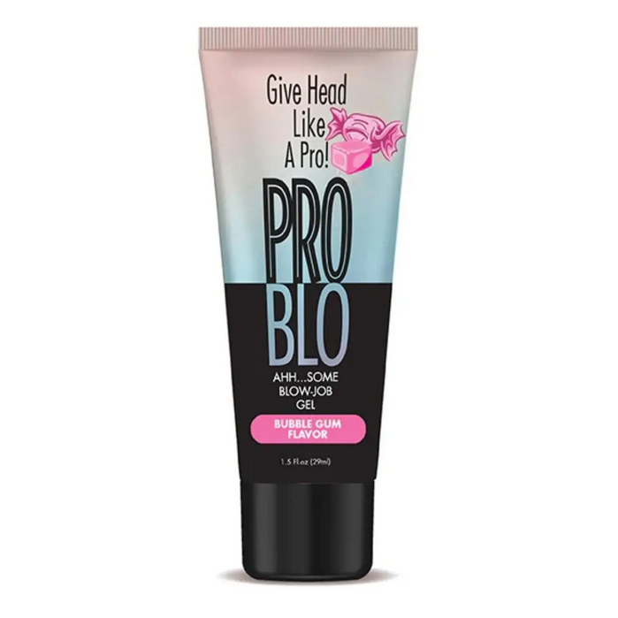 Tube of Pro Blo blow-job gel with bubble gum flavor on a white background