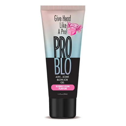 Tube of Pro Blo blow-job gel with bubble gum flavor on a white background
