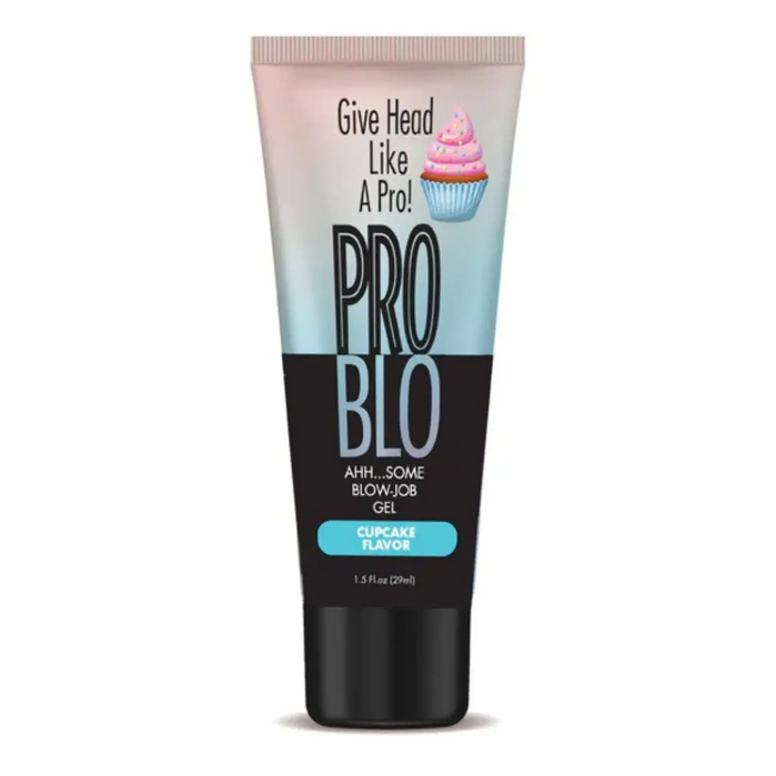 Tube of Pro Blo blow job gel with cupcake flavor on a white background