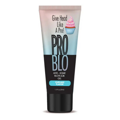 Tube of Pro Blo blow job gel with cupcake flavor on a white background