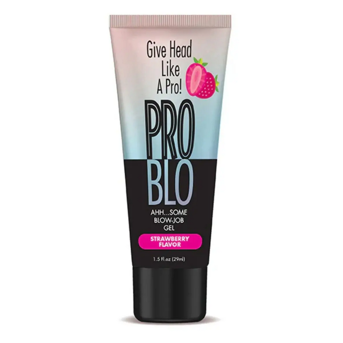 Tube of Pro Blo product with strawberry flavor on a white background