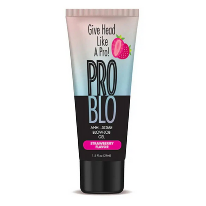Tube of Pro Blo product with strawberry flavor on a white background