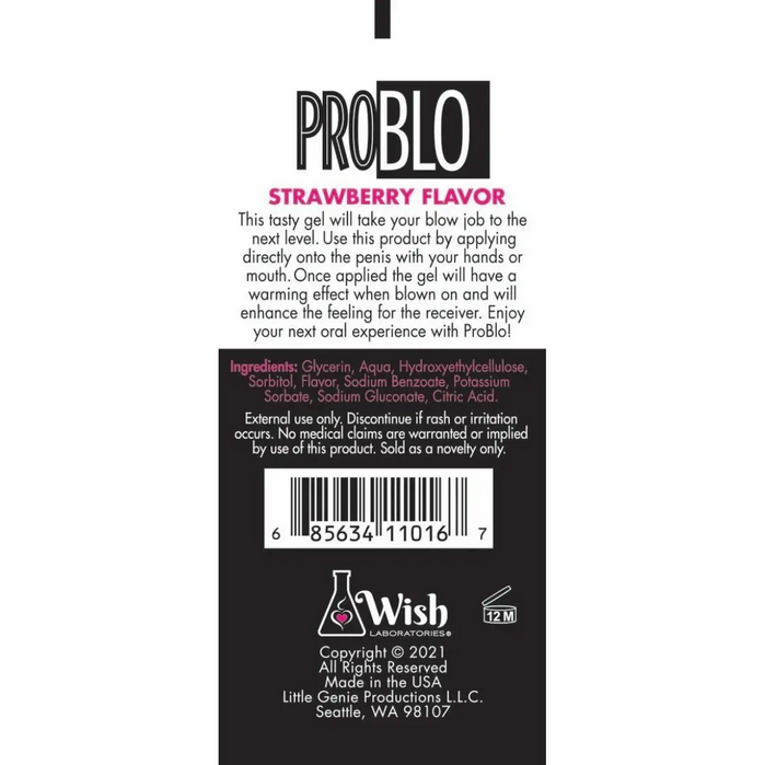 Back label of a product with 'PROBLO' branding and strawberry flavor information.