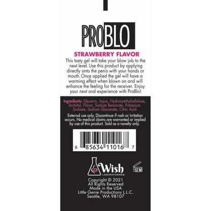 Back label of a product with 'PROBLO' branding and strawberry flavor information.