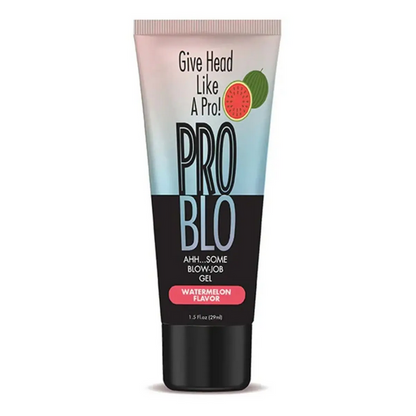 Tube of Pro Blo blow-job gel with watermelon flavor on a white background