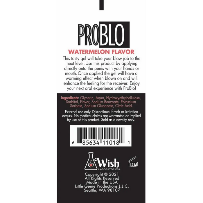 Back label of a product with 'PROBLO' branding and text on a white background
