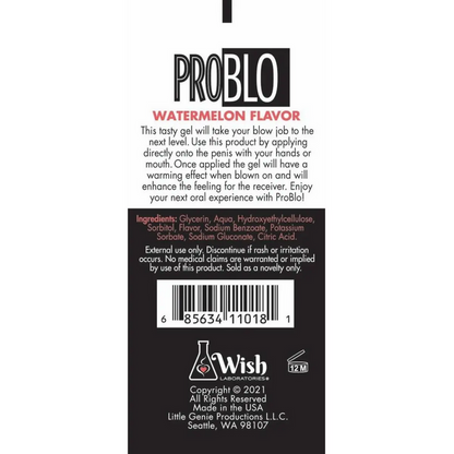 Back label of a product with 'PROBLO' branding and text on a white background