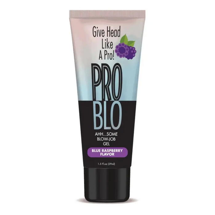 Tube of Pro Blo blow-job gel with blue raspberry flavor on a white background
