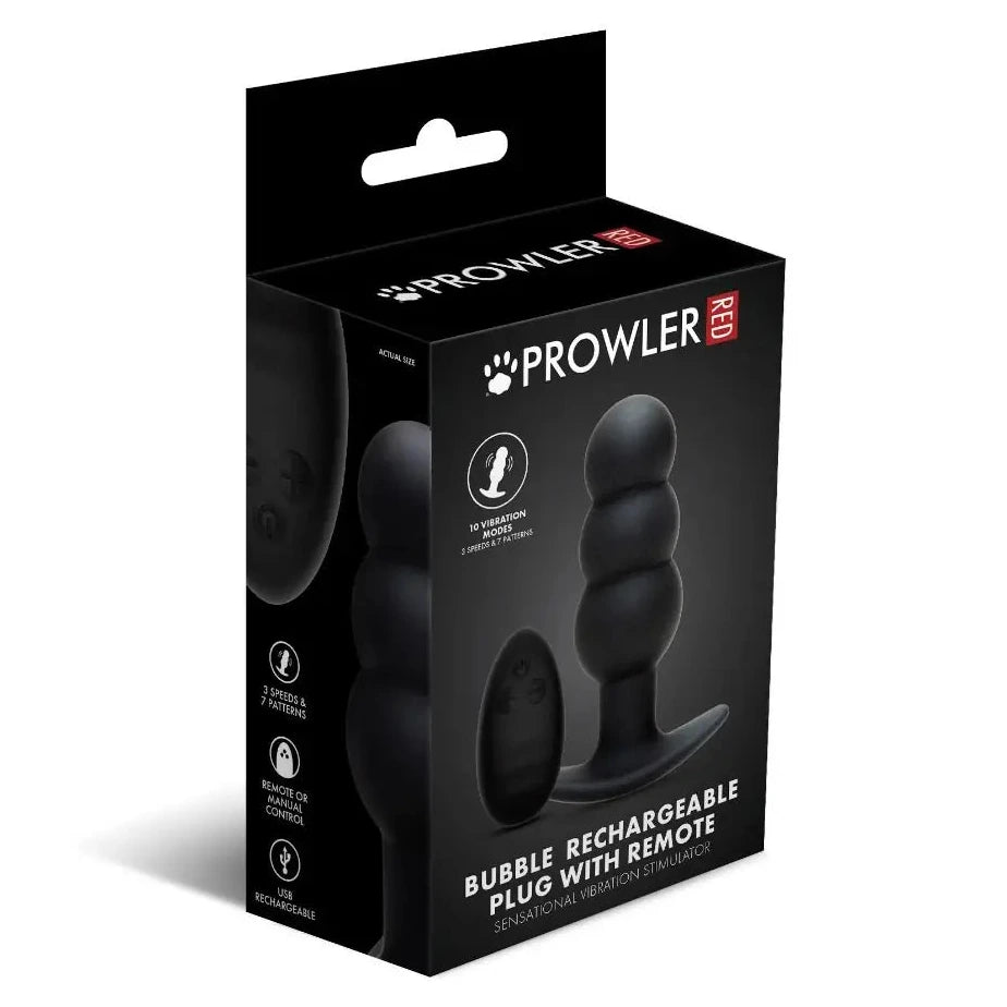 Black packaging of a bubble rechargeable plug with remote by Prowler on a white background