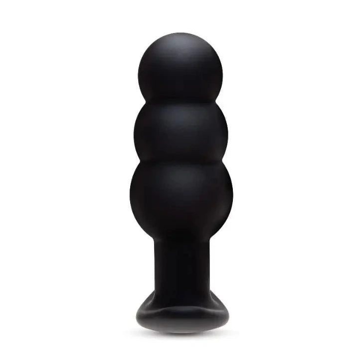 Black silicone butt plug vibrator massager on a white background