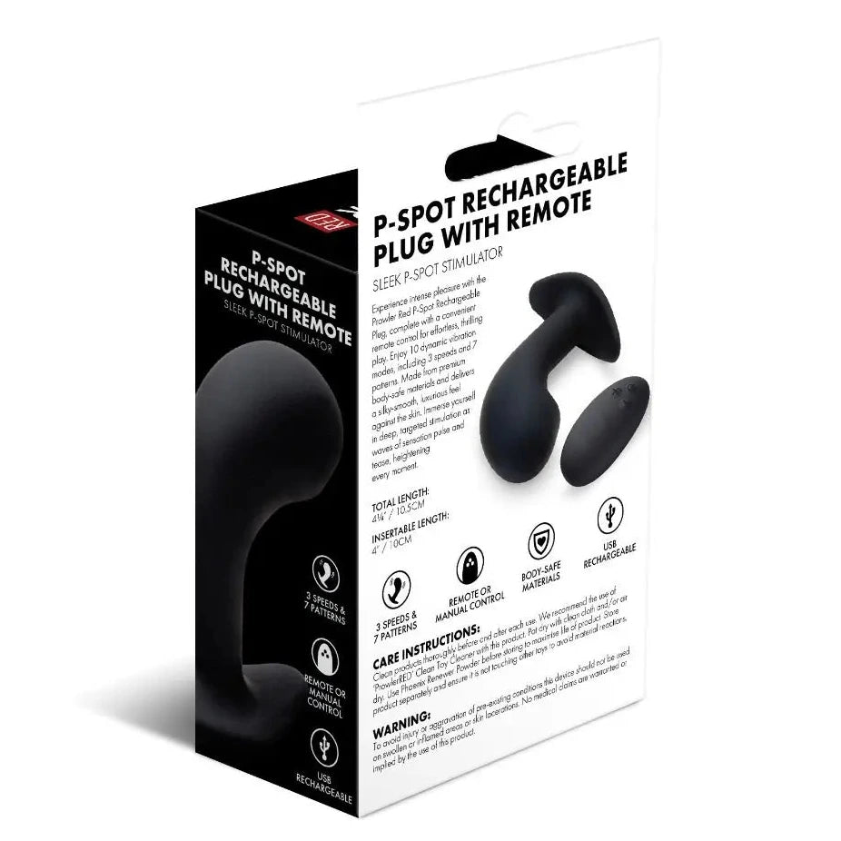 Box of a P-Spot rechargeable anal plug with remote on a white background