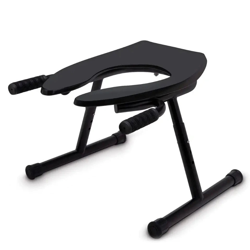 Black adjustable rimming toilet seat on a white background