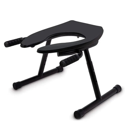 Black adjustable rimming toilet seat on a white background