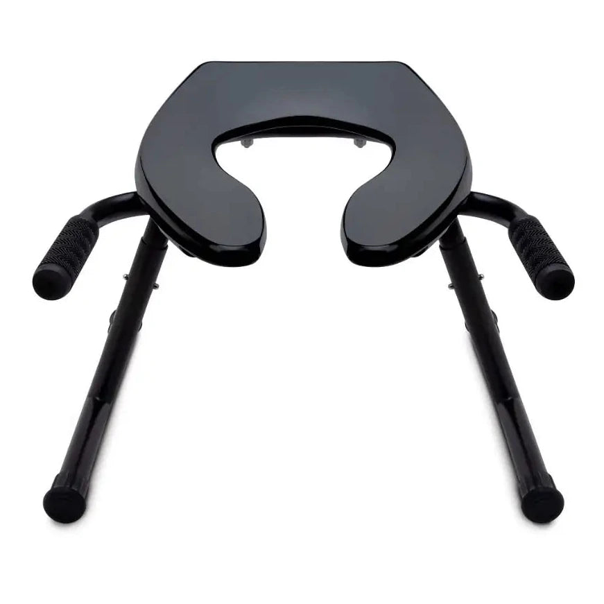 Black adjustable rimming stool with four legs on a white background