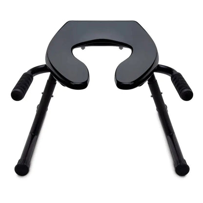 Black adjustable rimming stool with four legs on a white background