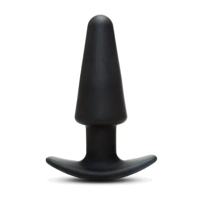 Black silicone anal butt plug vibrator massager on a white background