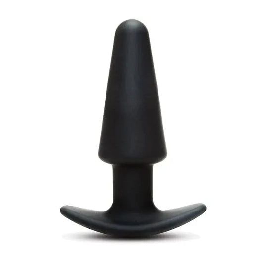 Black silicone anal butt plug vibrator massager on a white background
