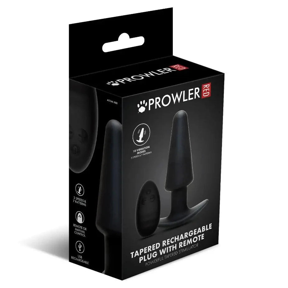 Black packaging of a Prowler tapered rechargeable plug with remote on a white background