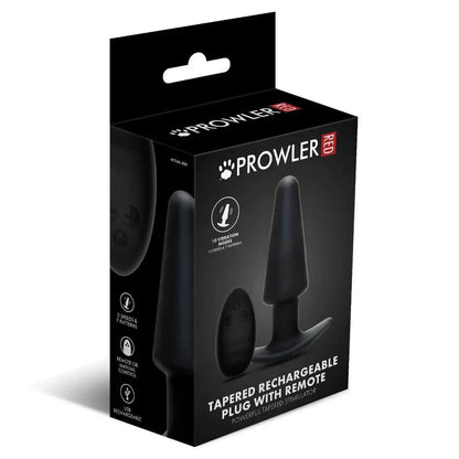 Black packaging of a Prowler tapered rechargeable plug with remote on a white background