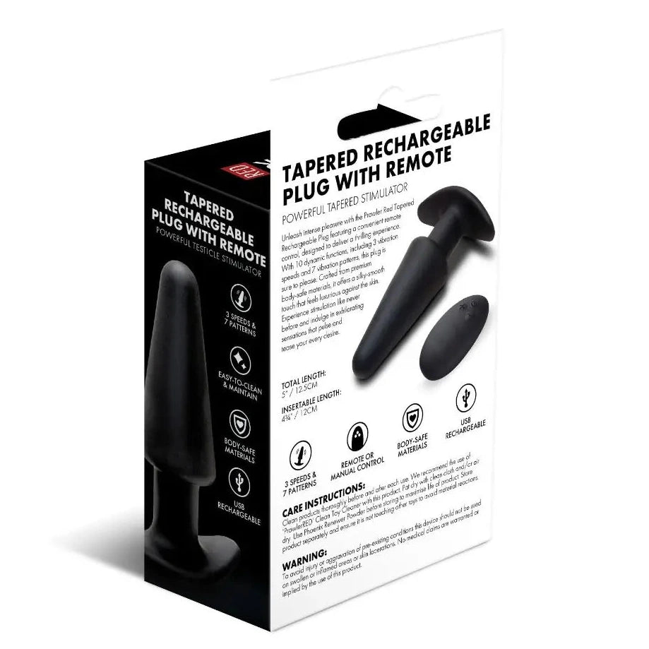 Packaging of a tapered rechargeable plug with remote on a white background