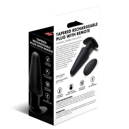 Packaging of a tapered rechargeable plug with remote on a white background