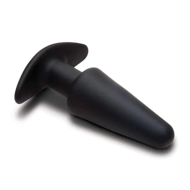 Black vibrating anal butt plug on a white background