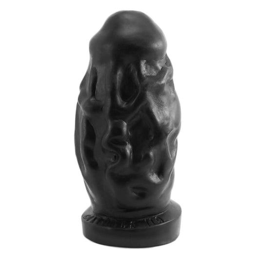 Black rubber anal plug with a unique design on a white background