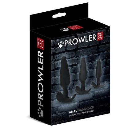 Prowler RED anal training kit packaging with three silicone plugs on a brick wall background.