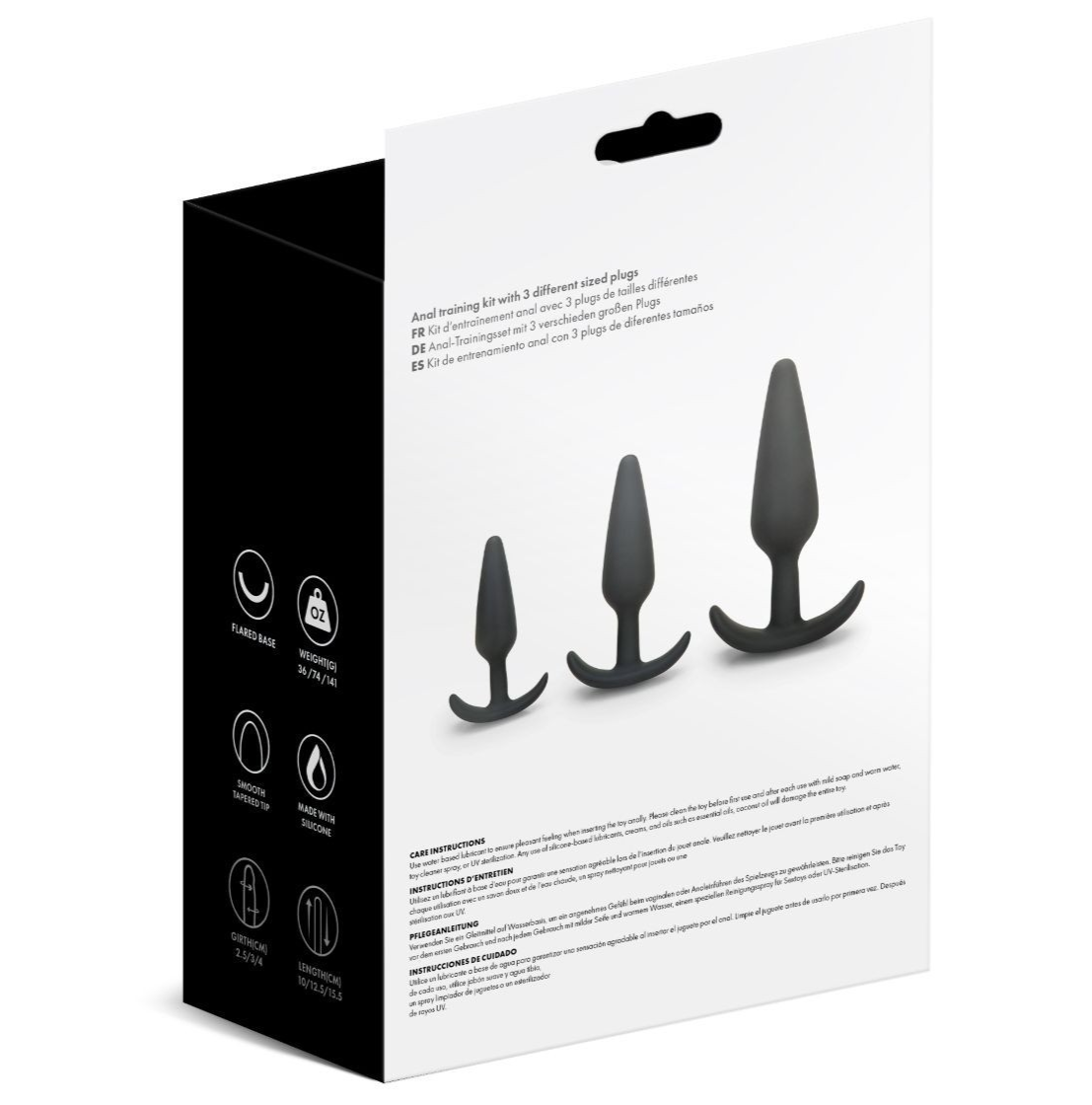 Product packaging with three black cylindrical objects on a white background