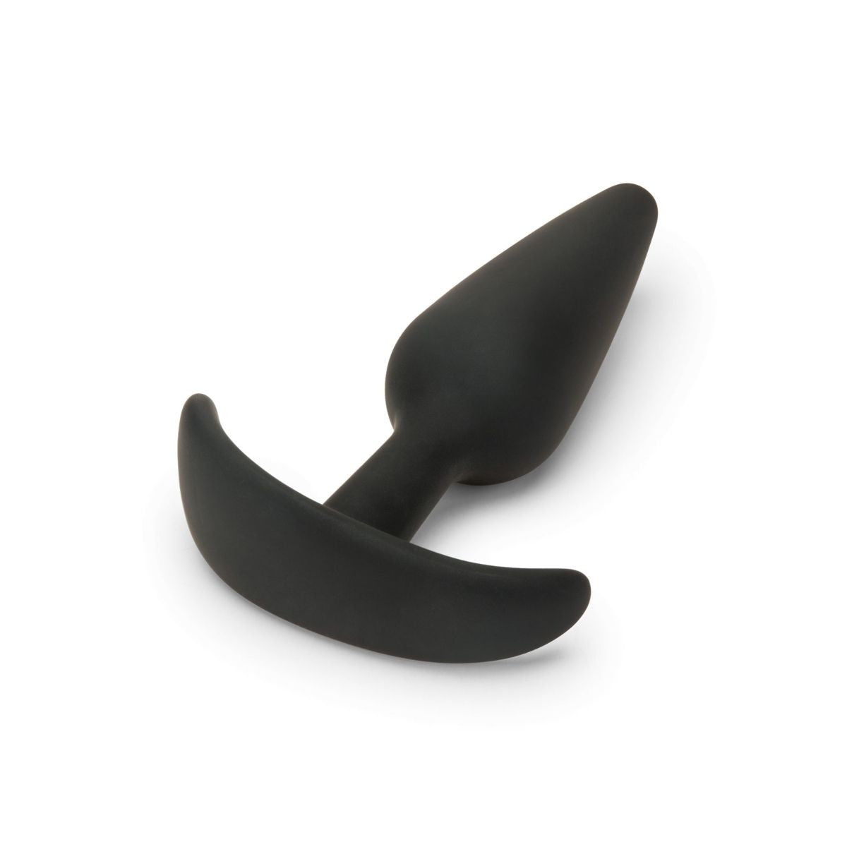 Black silicone butt plug on a white background