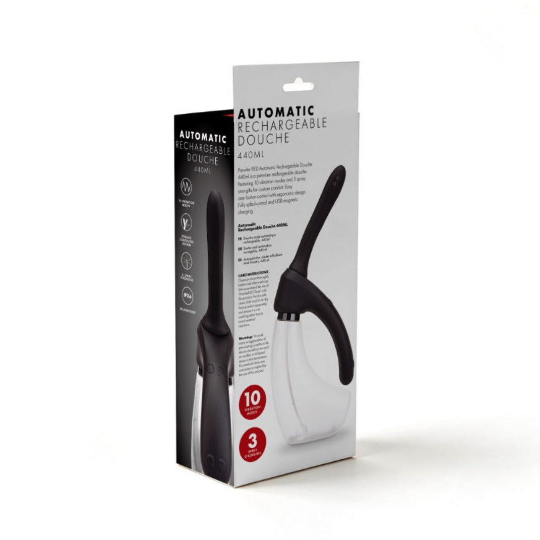 Automatic rechargeable douche bottle in its retail packaging, featuring a black and clear bottle design printed on a white and black box.