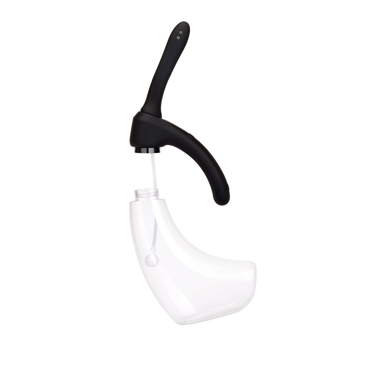 A modern vibrating douche featuring a sleek black curved handle and a transparent tank, shown against a solid white background.