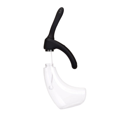A modern vibrating douche featuring a sleek black curved handle and a transparent tank, shown against a solid white background.