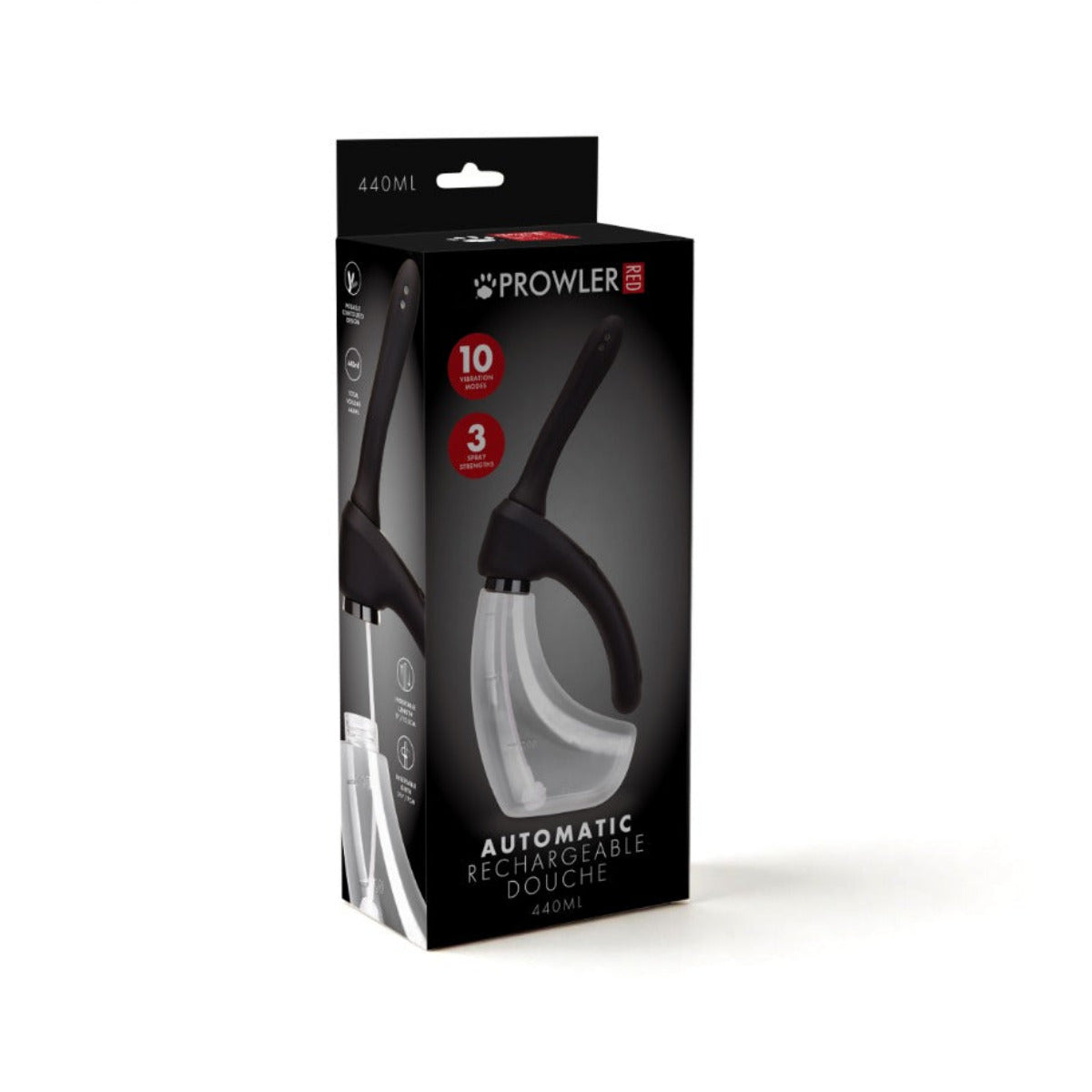 Prowler Automatic Rechargeable Douching Device in its retail packaging, featuring a black and silver device with a black handle, shown on a clean white background.
