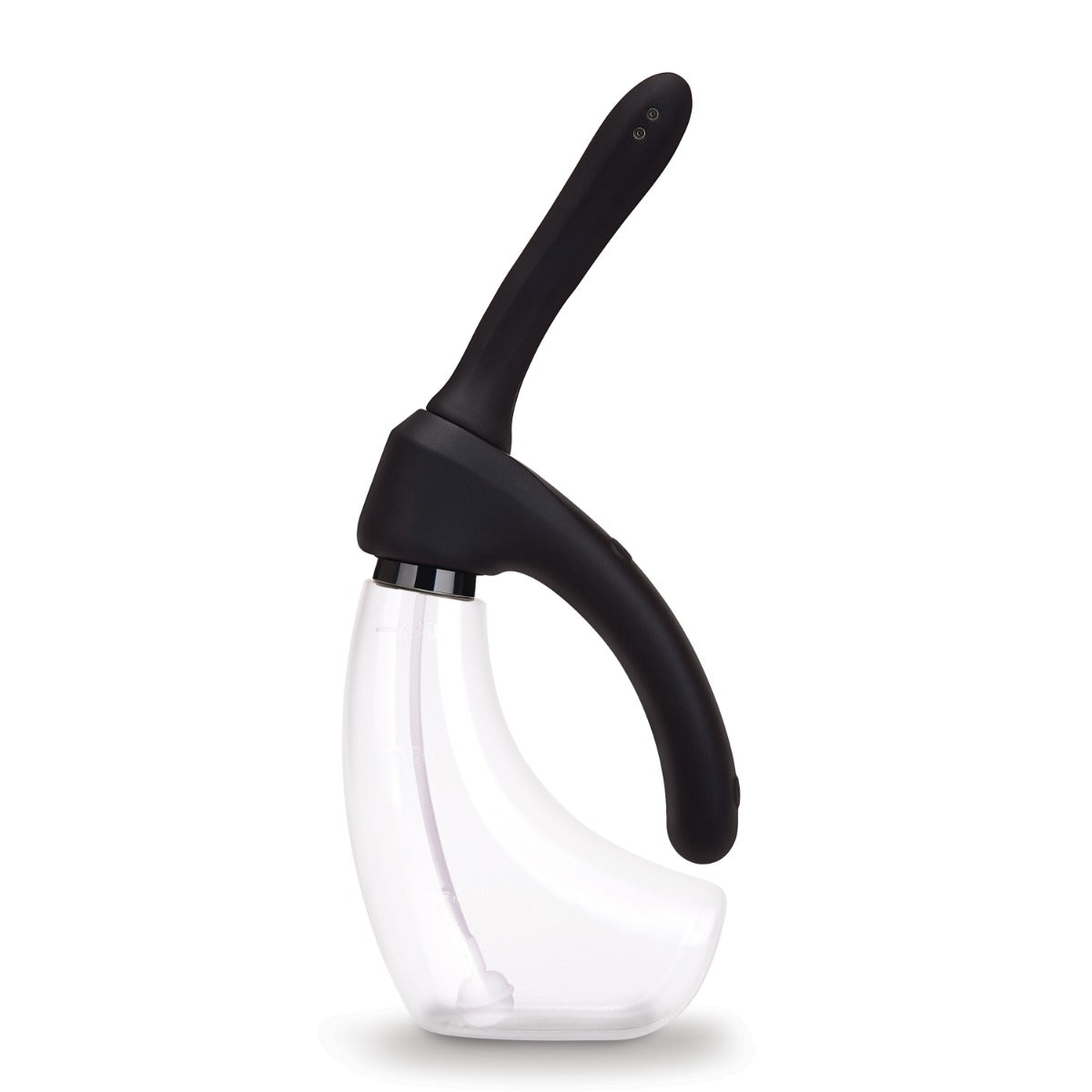 A curved handheld douche with a black handle and a transparent clear plastic body, shown on a solid white background.